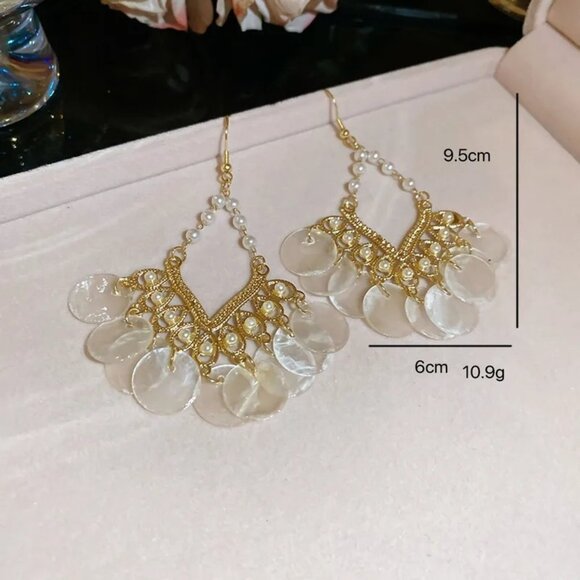 2/$24 Gold & Pearl Drop Earrings With Shell Disc Accents Lightweight - Picture 7 of 10